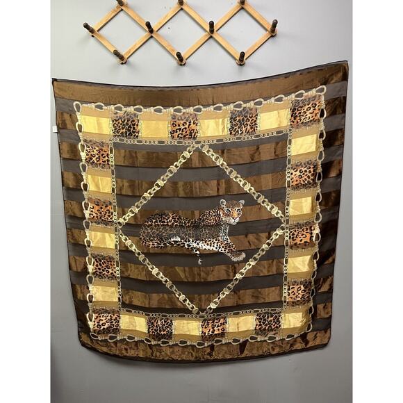 Animal Print Gold Chain Medallion Scarf Unbranded Satin Sheer Striped 40x40 - Picture 1 of 5